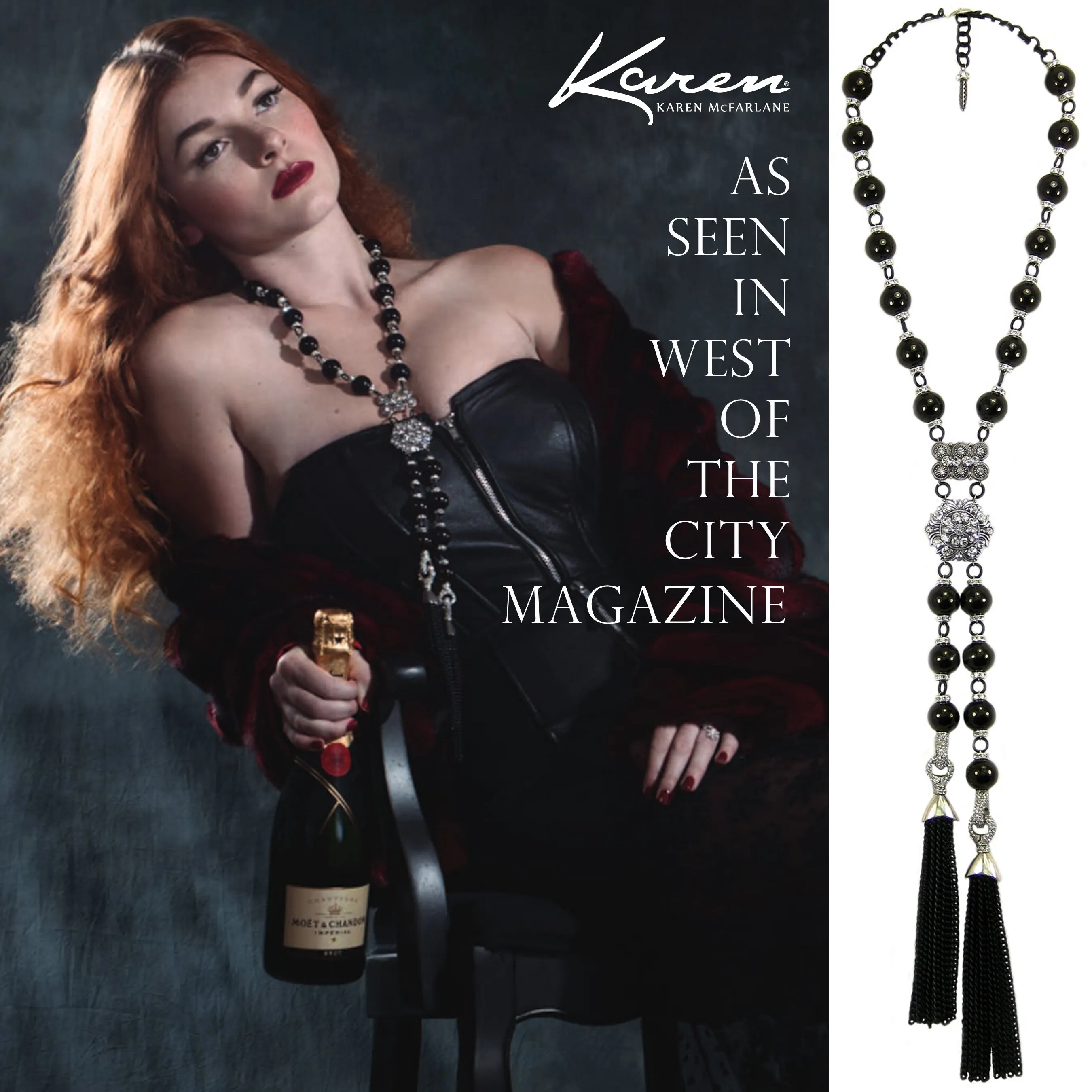#1084n Jet Stone Bead & Rhinestone Lariat Necklace With Silver Tone & Black Chain Tassels
