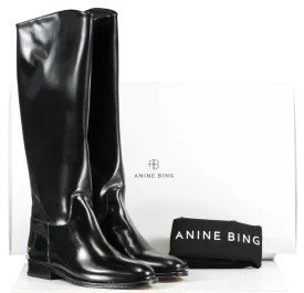 Anine Bing Black High Shine Leather Riding Boots With Gold Logo BNIB UK 5 EU 38 👠