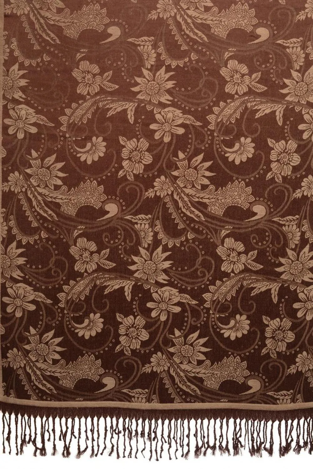 Beige Garden Flowers On Brown Pashmina With Tassels