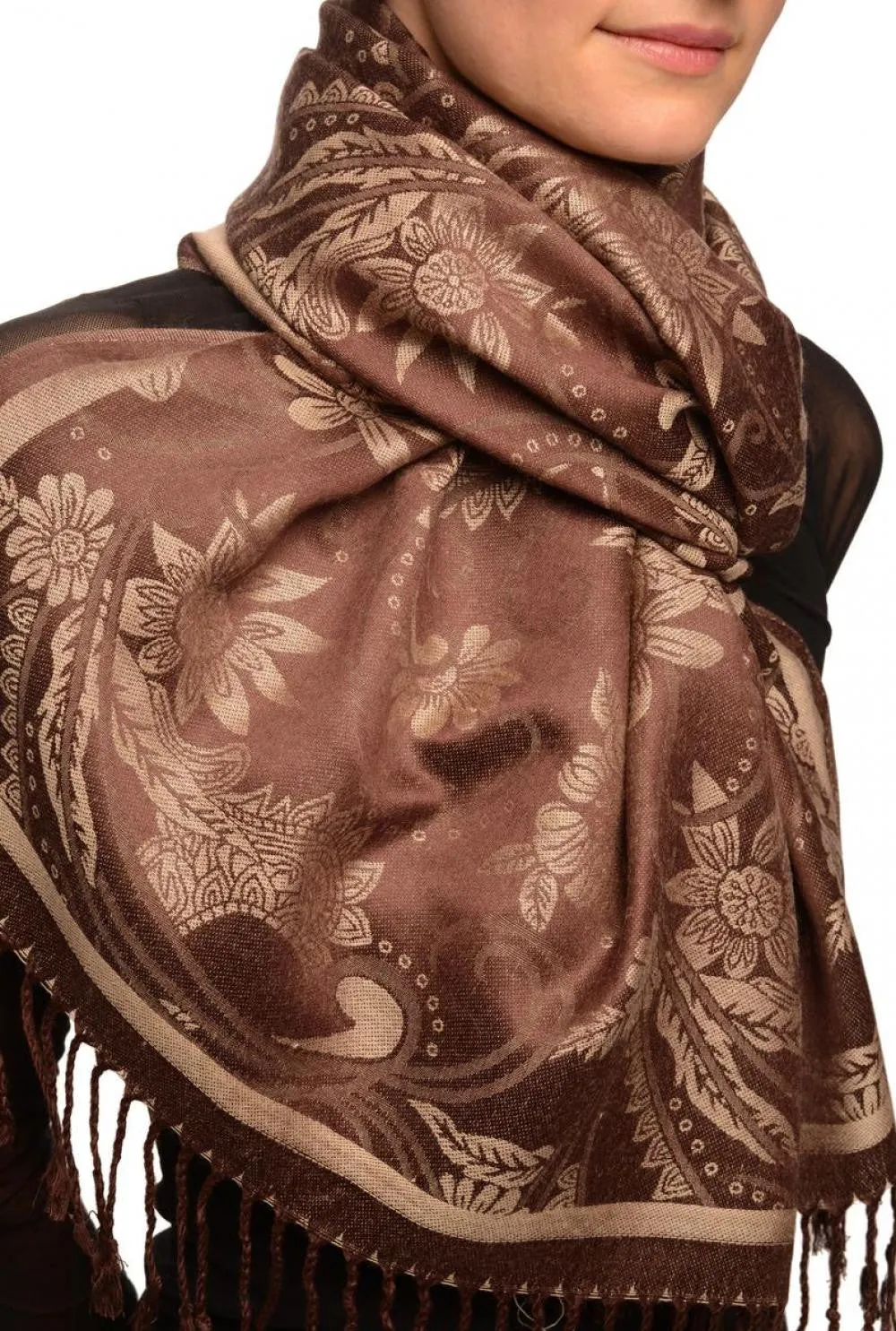 Beige Garden Flowers On Brown Pashmina With Tassels