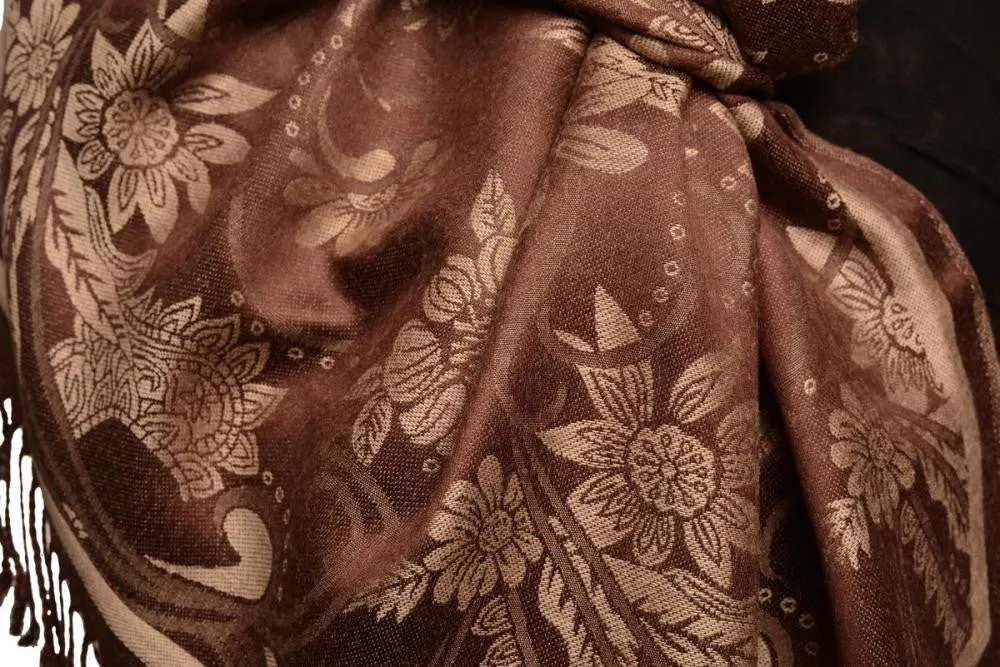 Beige Garden Flowers On Brown Pashmina With Tassels