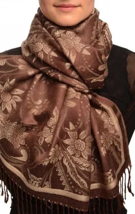 Beige Garden Flowers On Brown Pashmina With Tassels