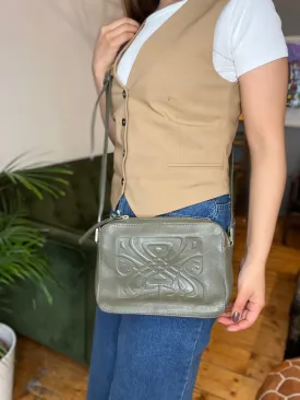 Biba Green Embossed Logo Leather Crossbody