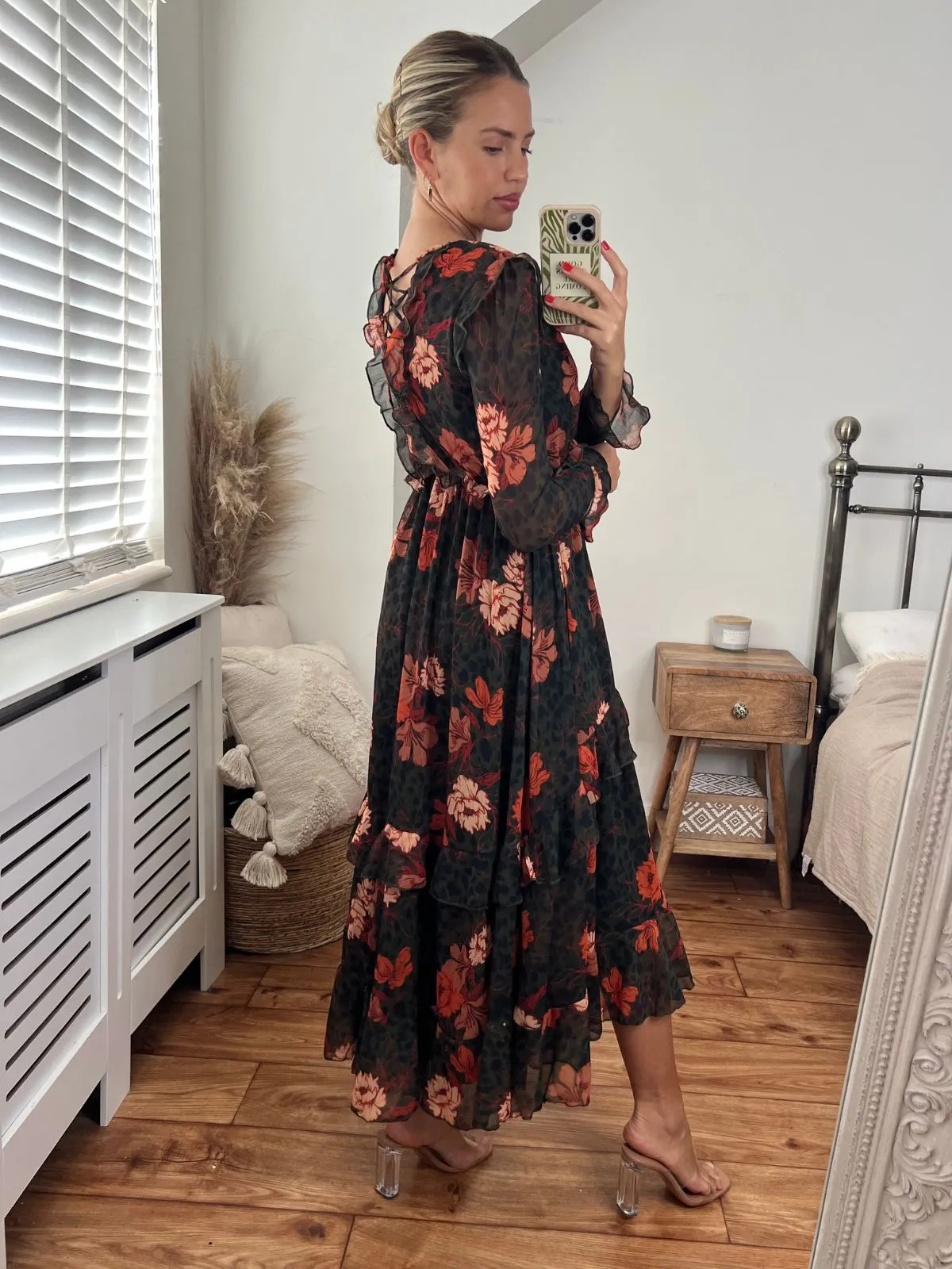 Birdie Frill Tie Back Dress / Orange and Khaki