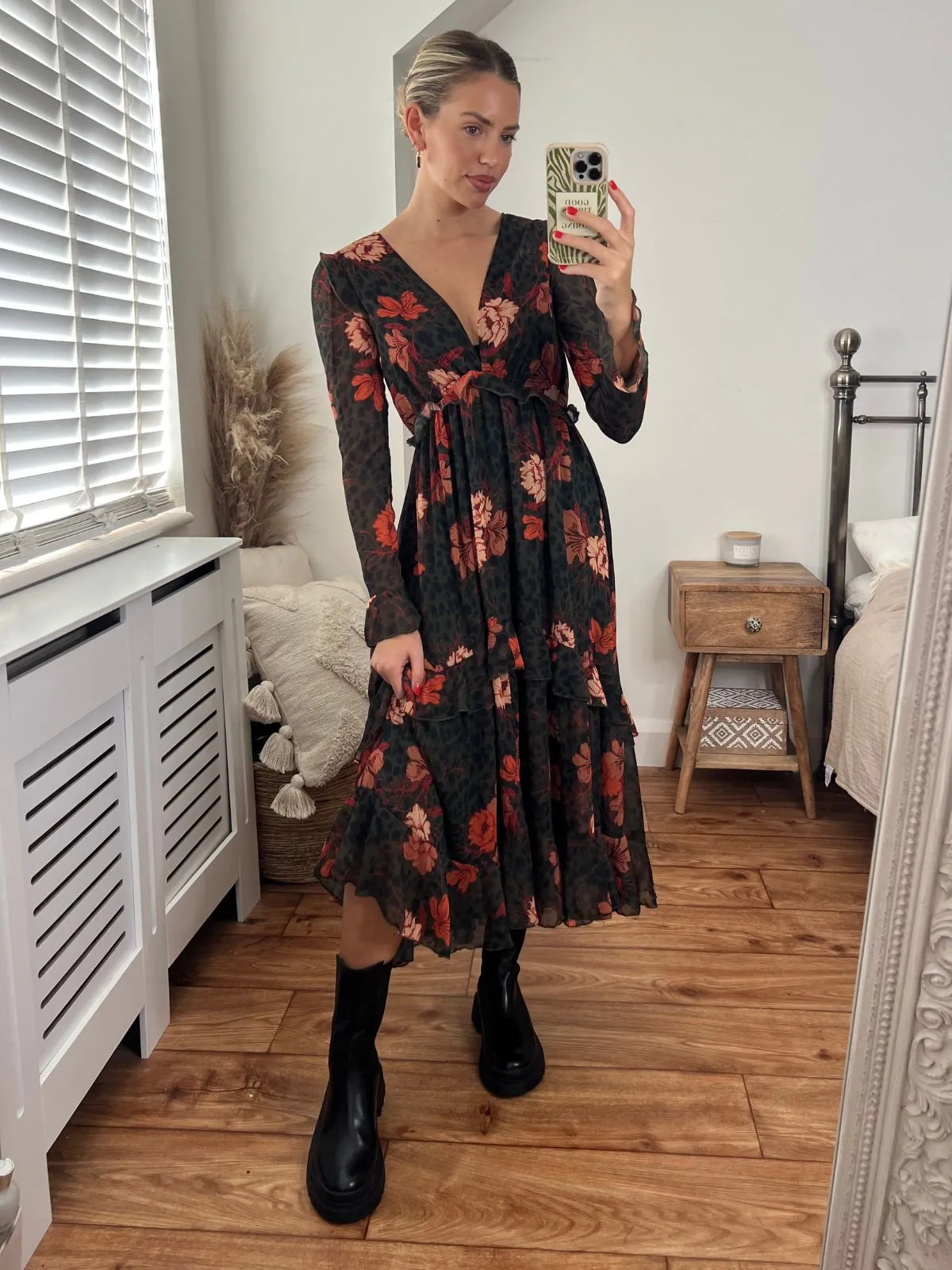 Birdie Frill Tie Back Dress / Orange and Khaki