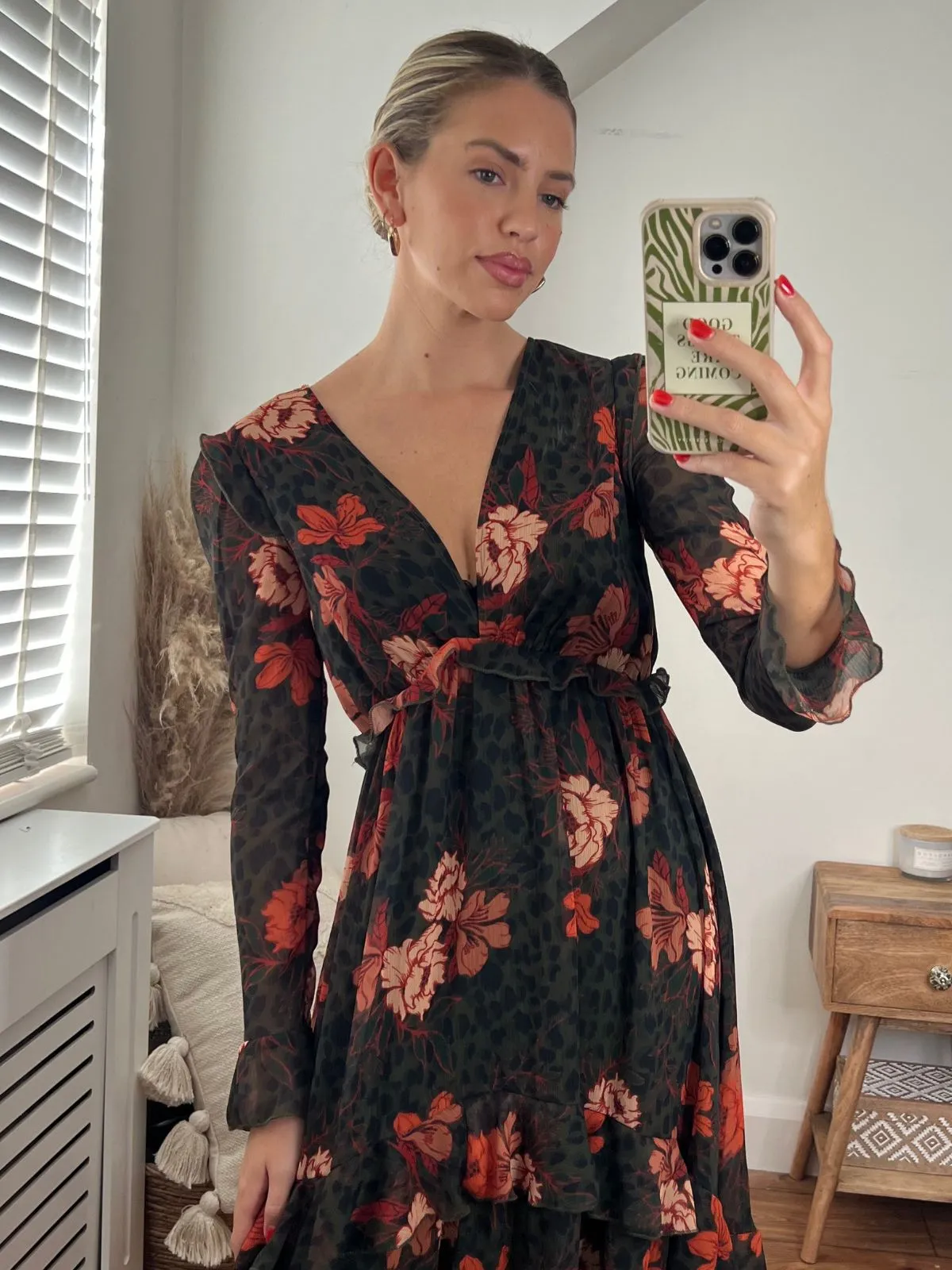 Birdie Frill Tie Back Dress / Orange and Khaki