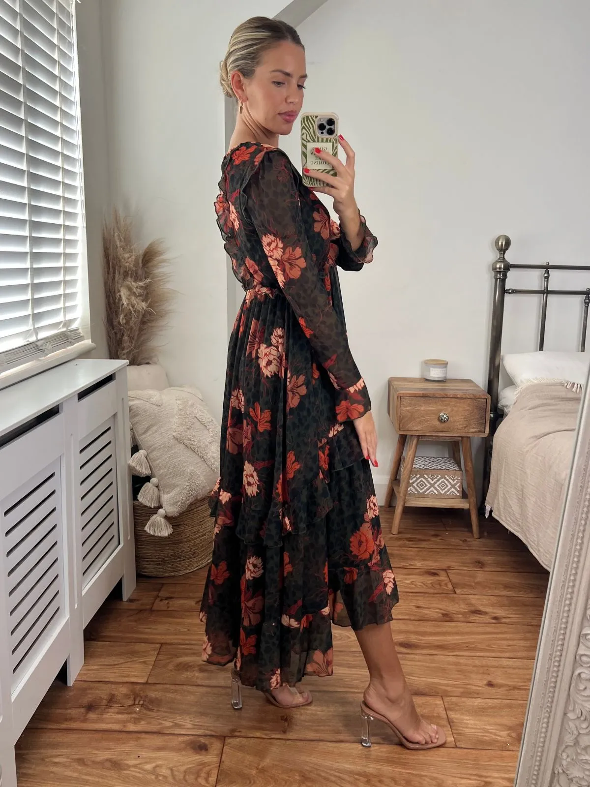 Birdie Frill Tie Back Dress / Orange and Khaki