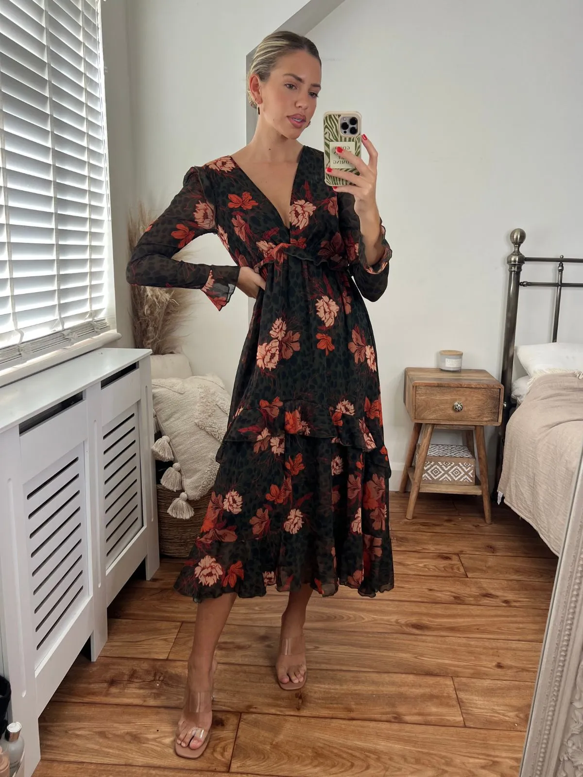 Birdie Frill Tie Back Dress / Orange and Khaki