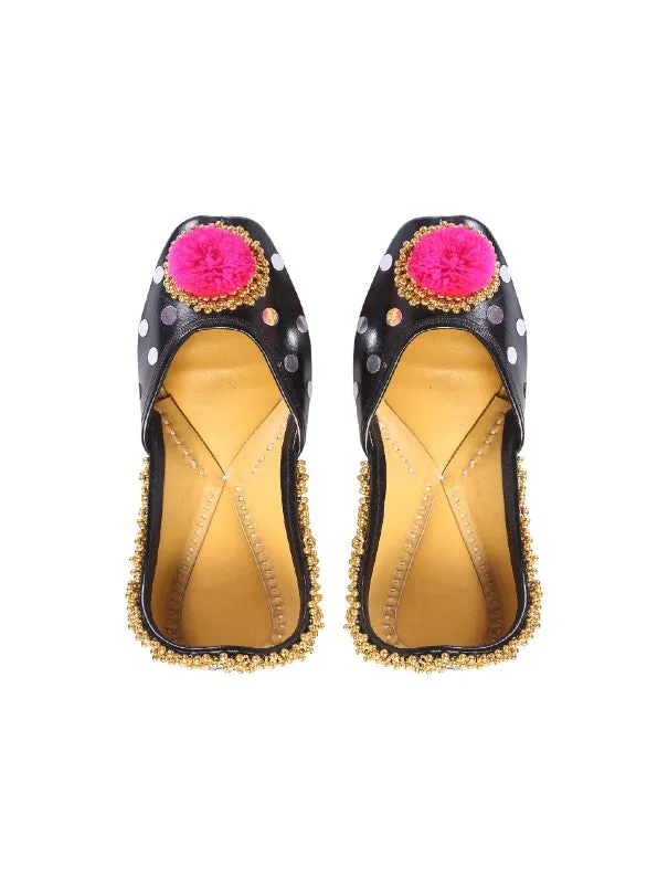 Black Embellished Pompom Leather Juttis