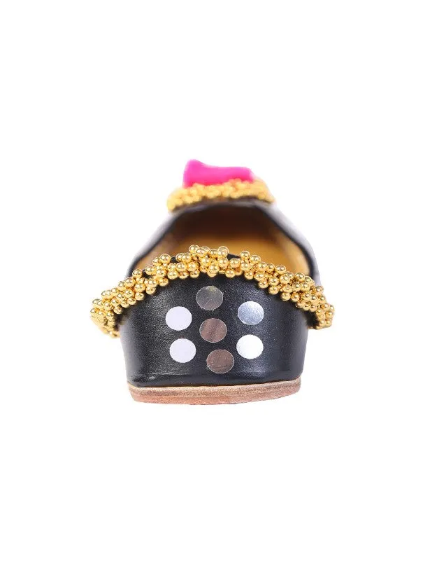 Black Embellished Pompom Leather Juttis