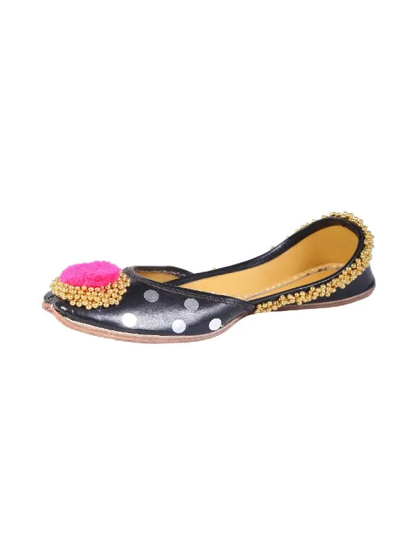 Black Embellished Pompom Leather Juttis