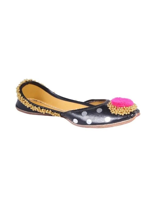Black Embellished Pompom Leather Juttis