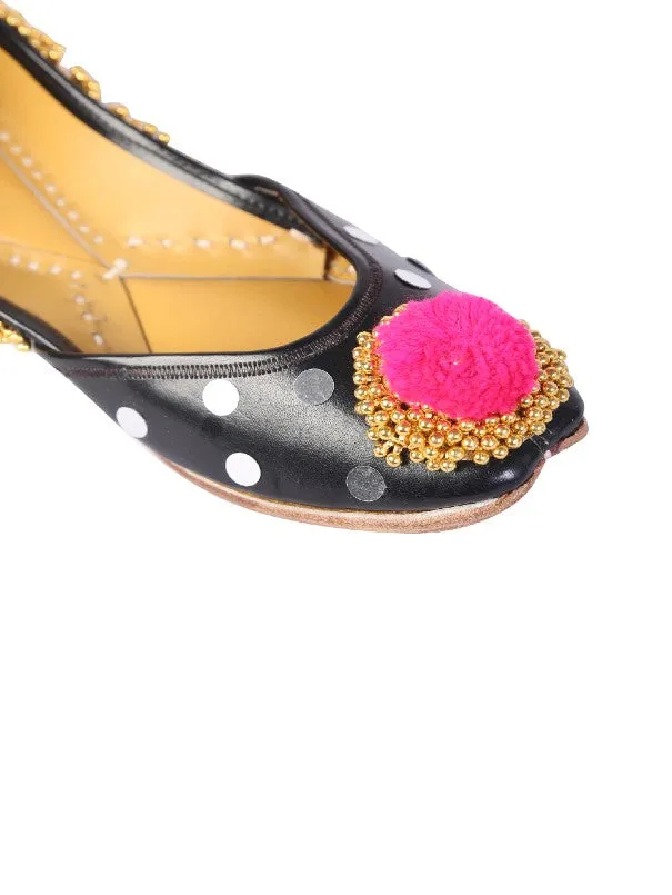 Black Embellished Pompom Leather Juttis