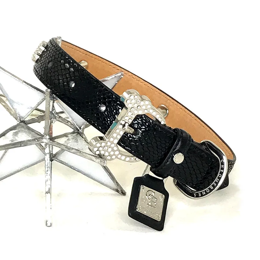 Black Embossed Lizard Collar with Crystal Bones 15"-19"