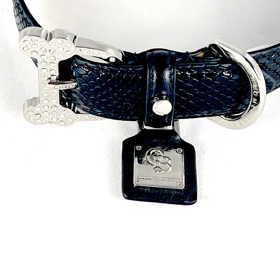 Black Embossed Lizard Collar with Crystal Bones 15"-19"