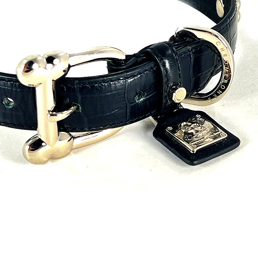 Black Leather-Embossed Collar with Chrome Bones 15"-19"