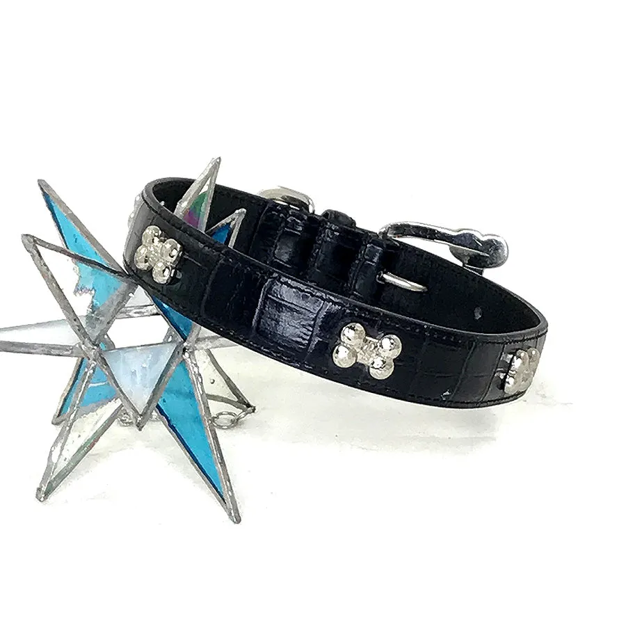 Black Leather-Embossed Collar with Chrome Bones 15"-19"
