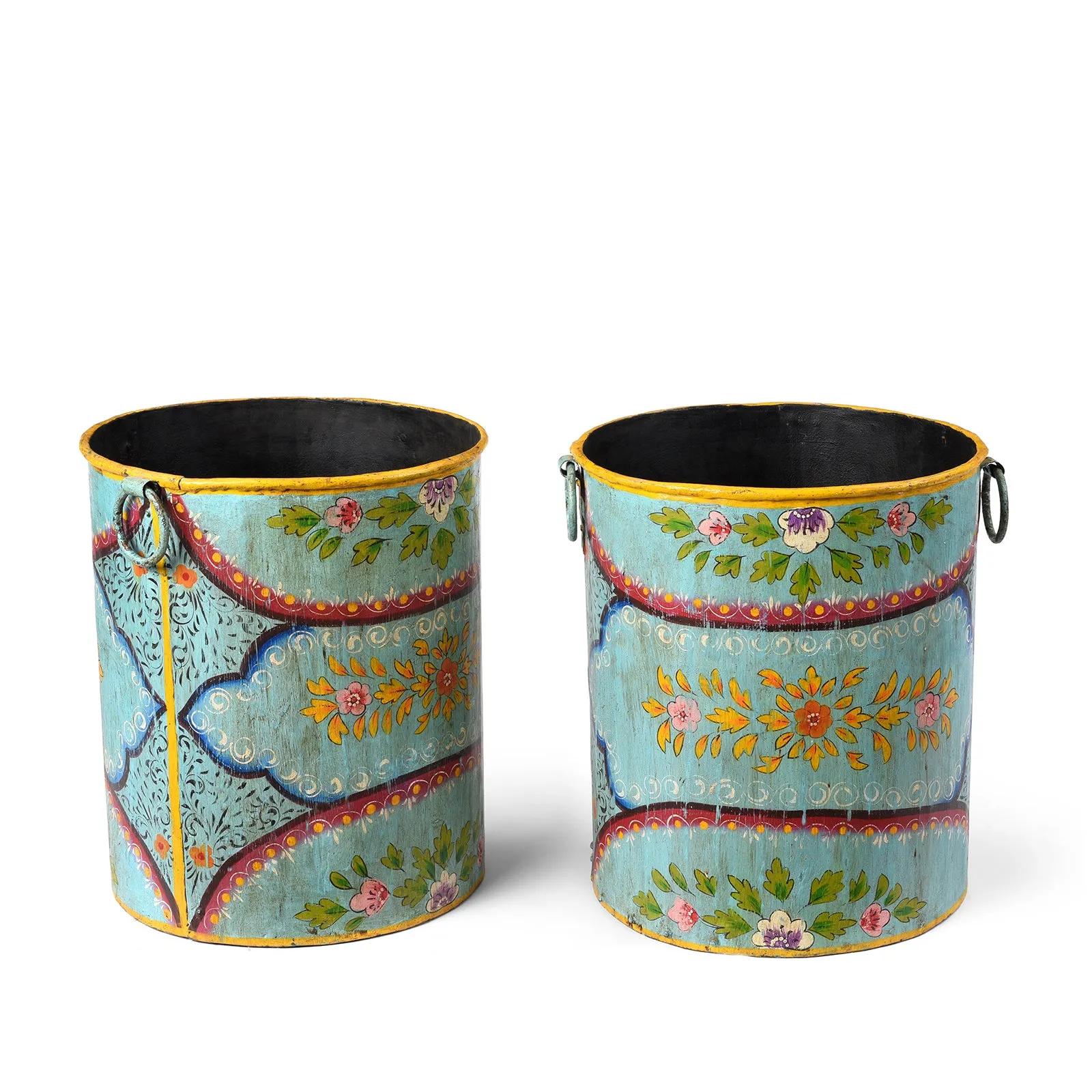 Blue Floral Hand painted Metal Bin / Planter