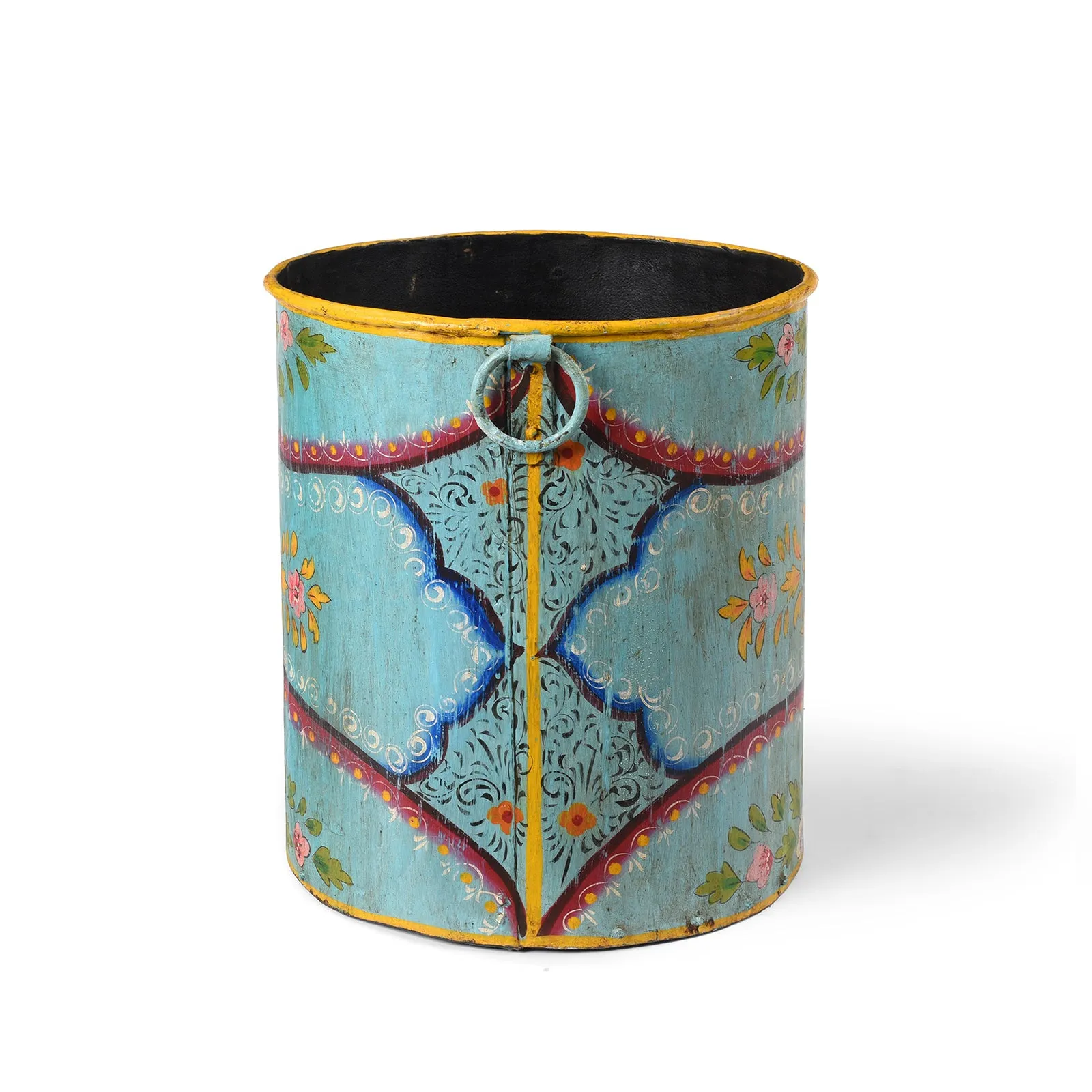 Blue Floral Hand painted Metal Bin / Planter