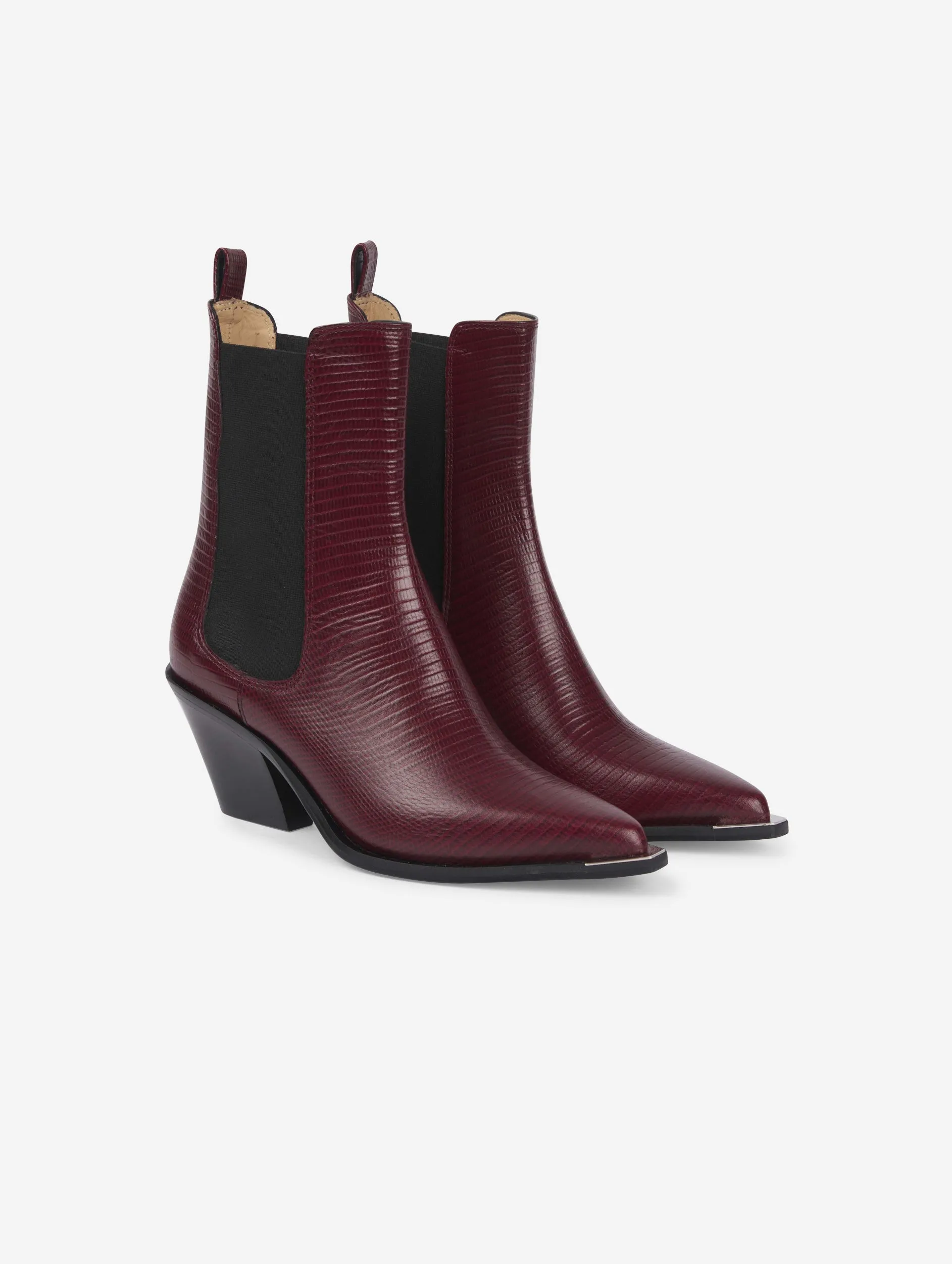 burgundy lizard skin elasticated boots