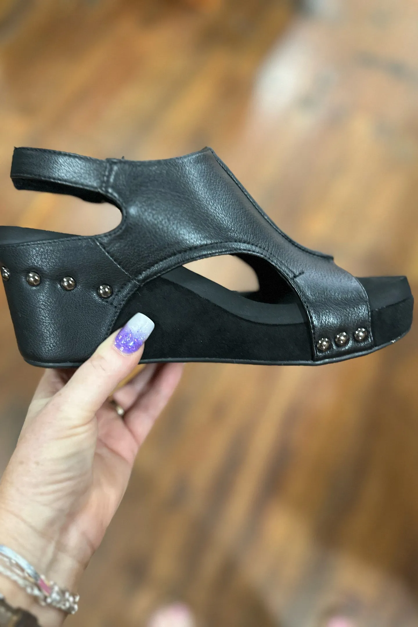 CARLEY By Corkys Black Combo Wedge