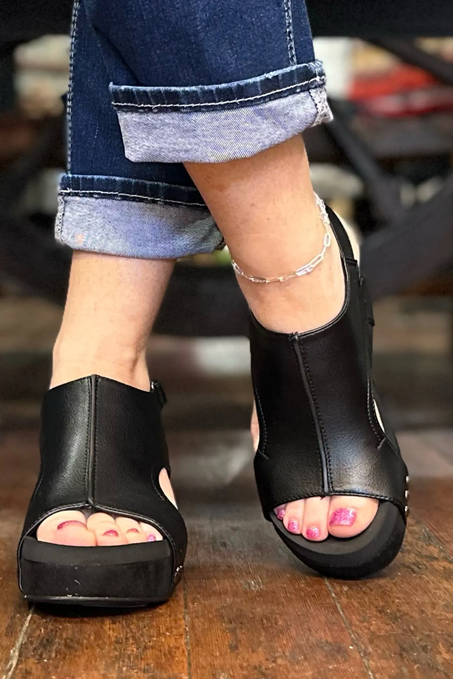 CARLEY By Corkys Black Combo Wedge
