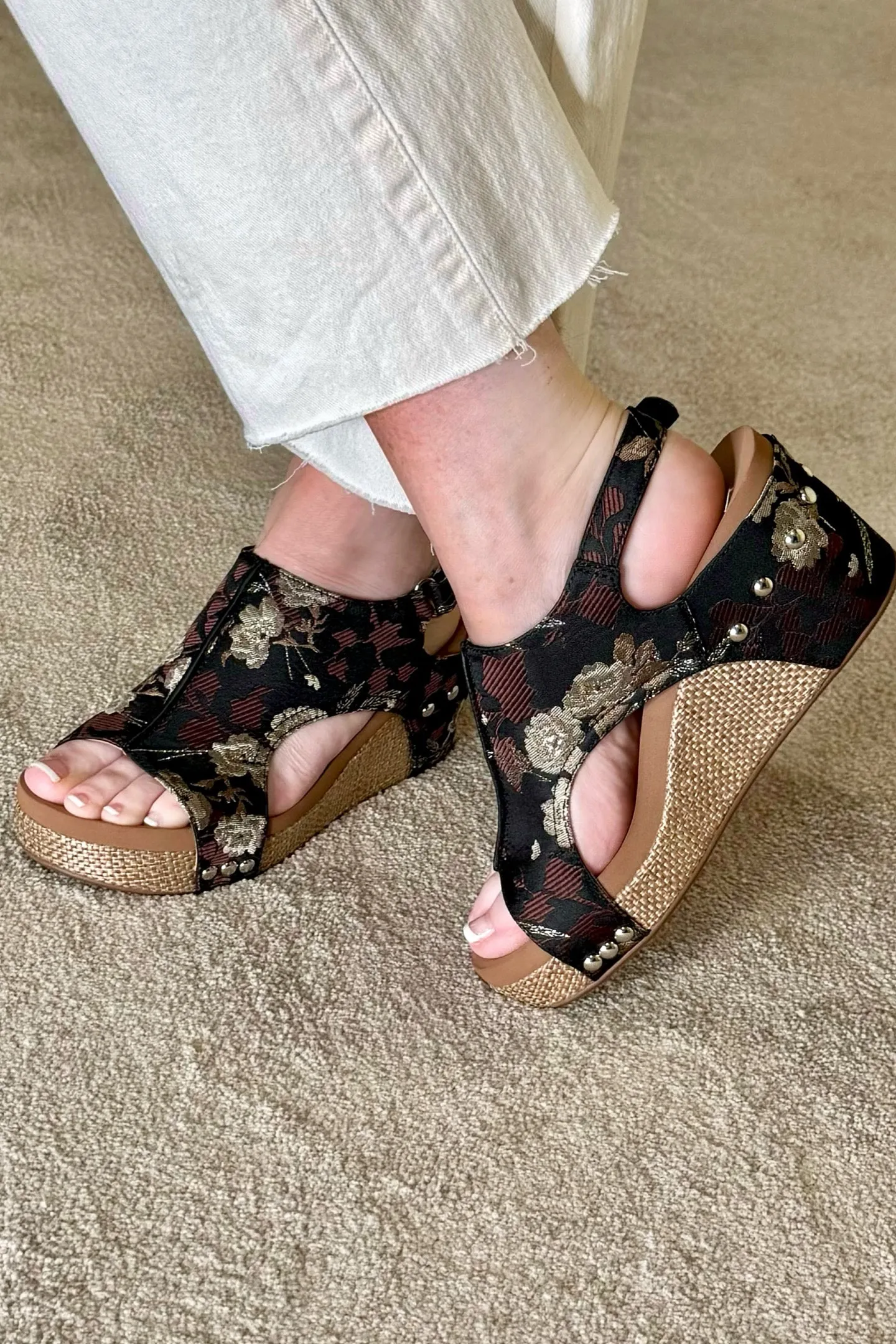 CARLEY By Corkys Black Tan Brocade Floral Wedge