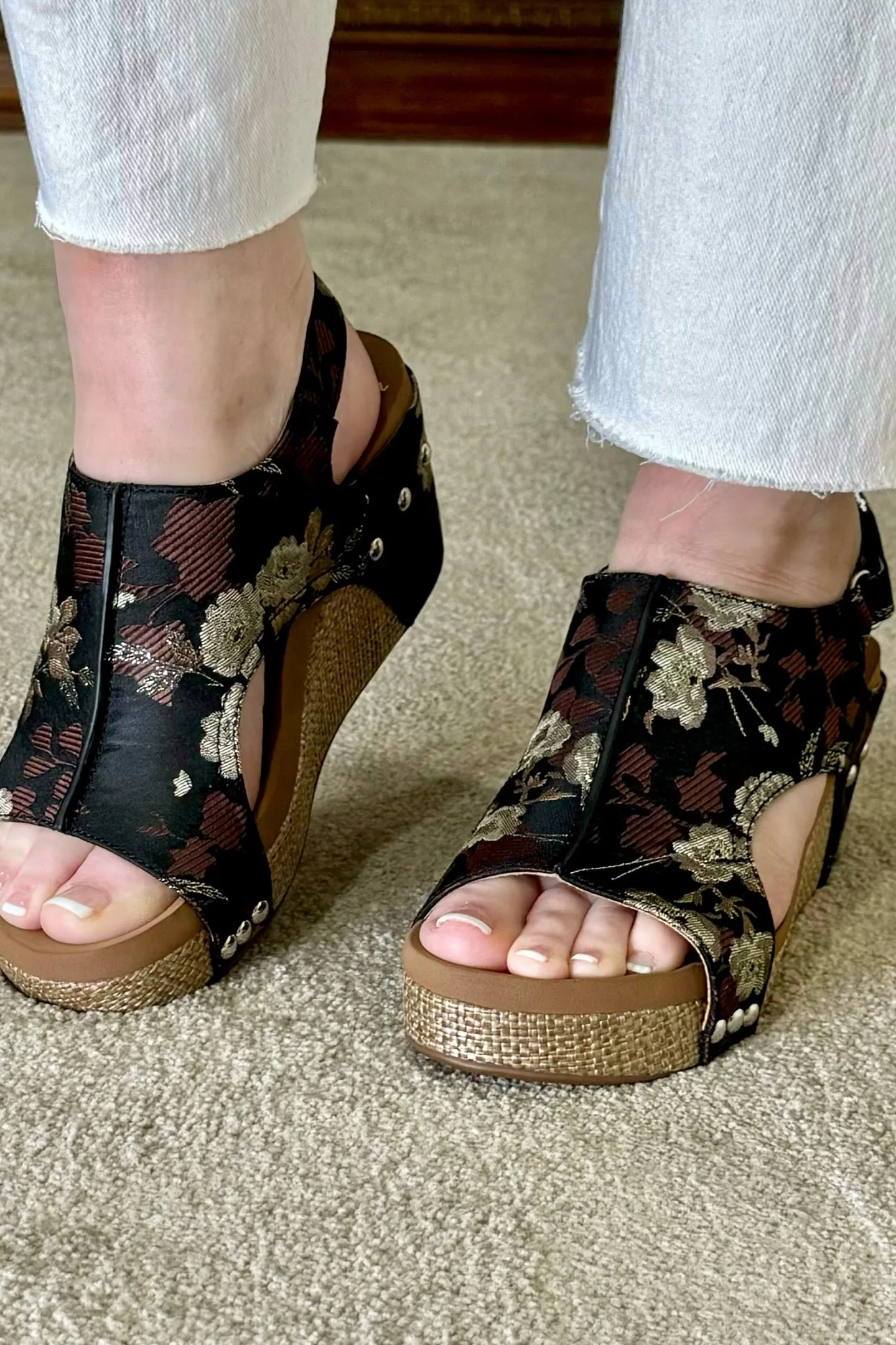 CARLEY By Corkys Black Tan Brocade Floral Wedge