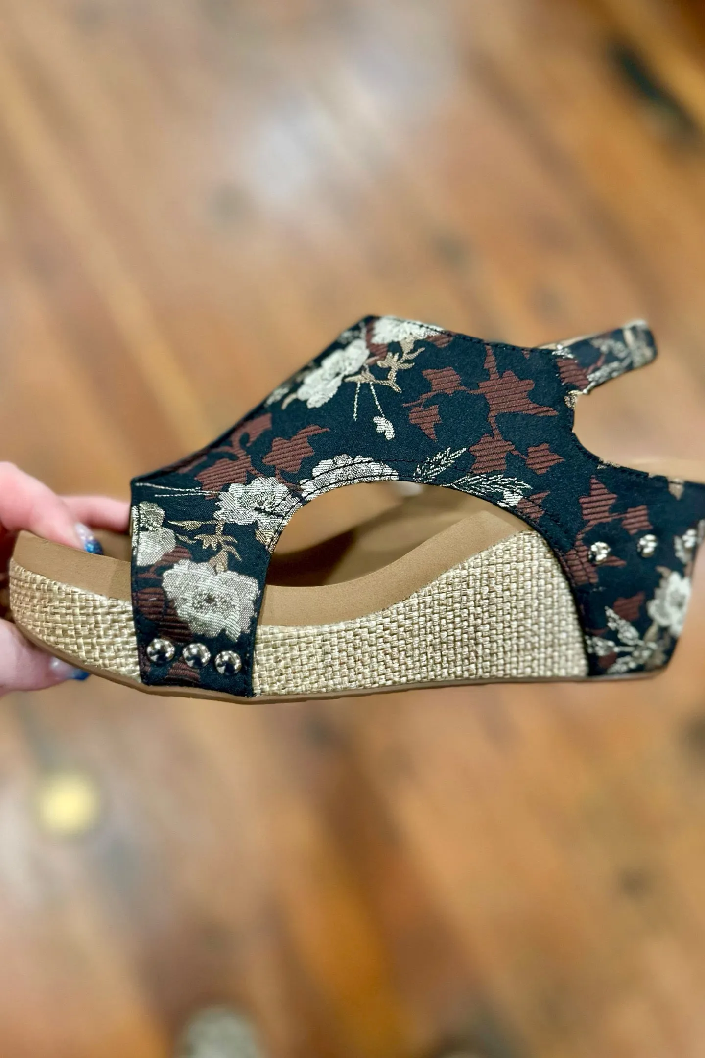 CARLEY By Corkys Black Tan Brocade Floral Wedge