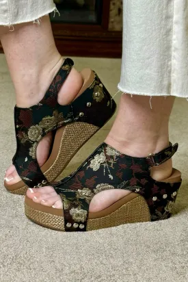 CARLEY By Corkys Black Tan Brocade Floral Wedge