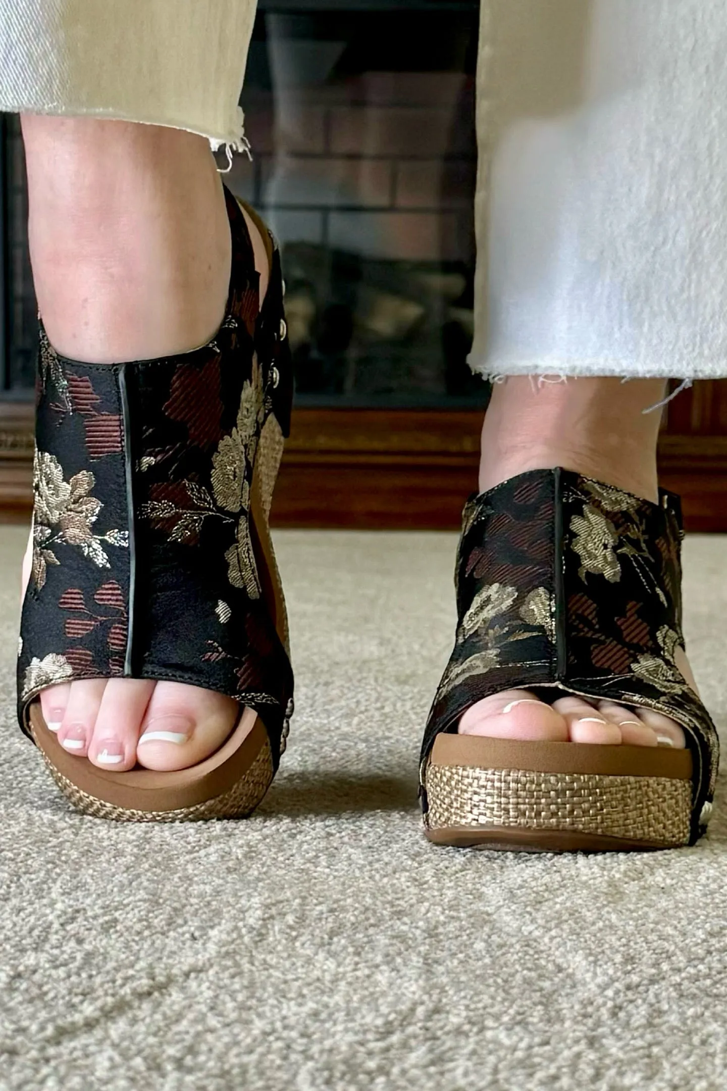 CARLEY By Corkys Black Tan Brocade Floral Wedge