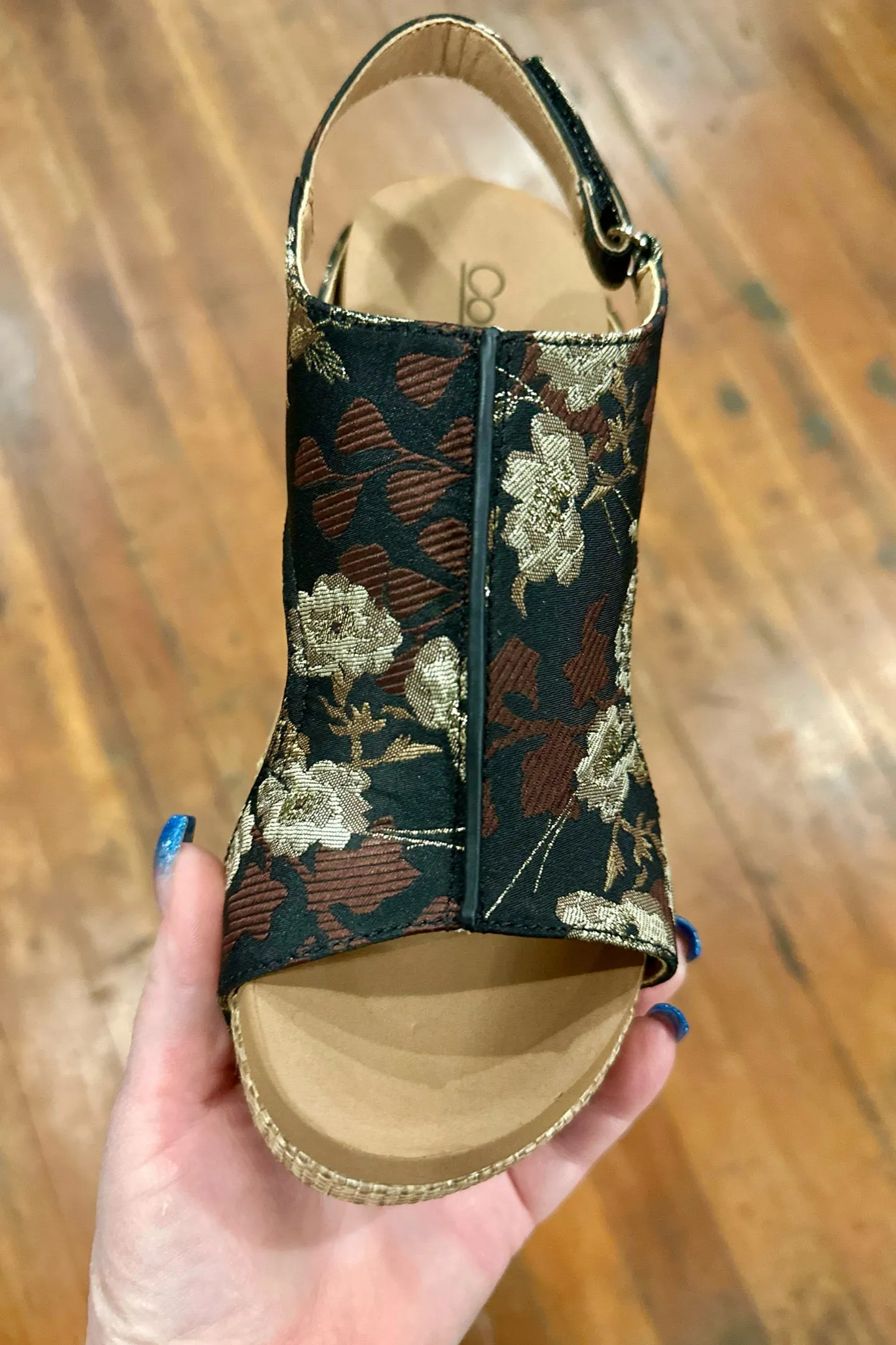 CARLEY By Corkys Black Tan Brocade Floral Wedge