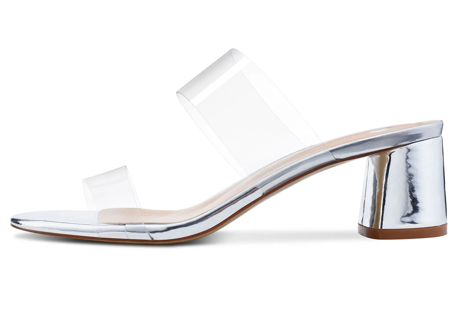 CASTAMERE Womens Chunky Block Mid Heels Sandals Slip On Transparent Ankle Strap Open Toe 5CM Heeled Silver Sandal