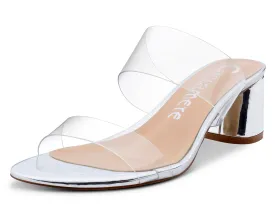 CASTAMERE Womens Chunky Block Mid Heels Sandals Slip On Transparent Ankle Strap Open Toe 5CM Heeled Silver Sandal