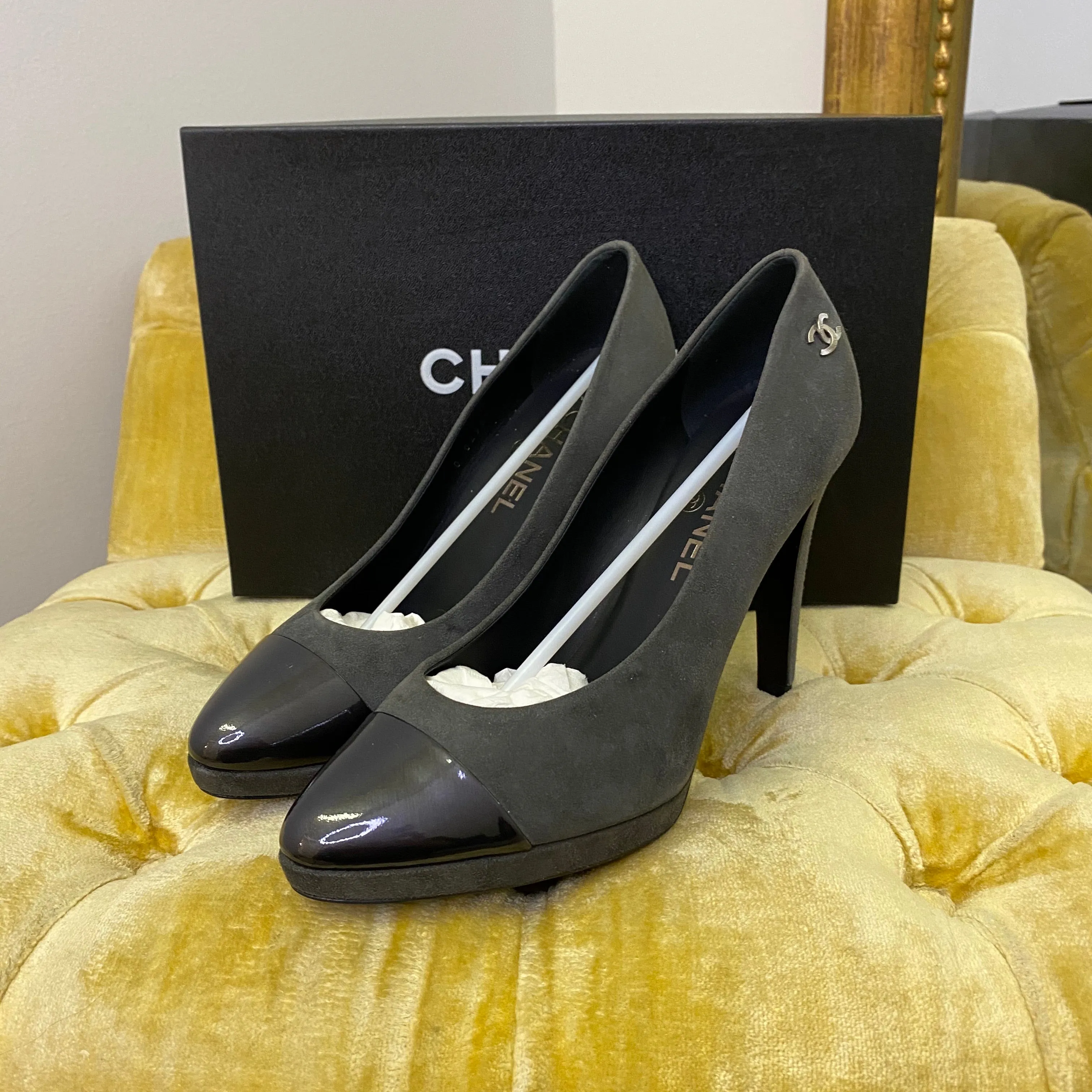 Chanel Grey Suede Platform Heels
