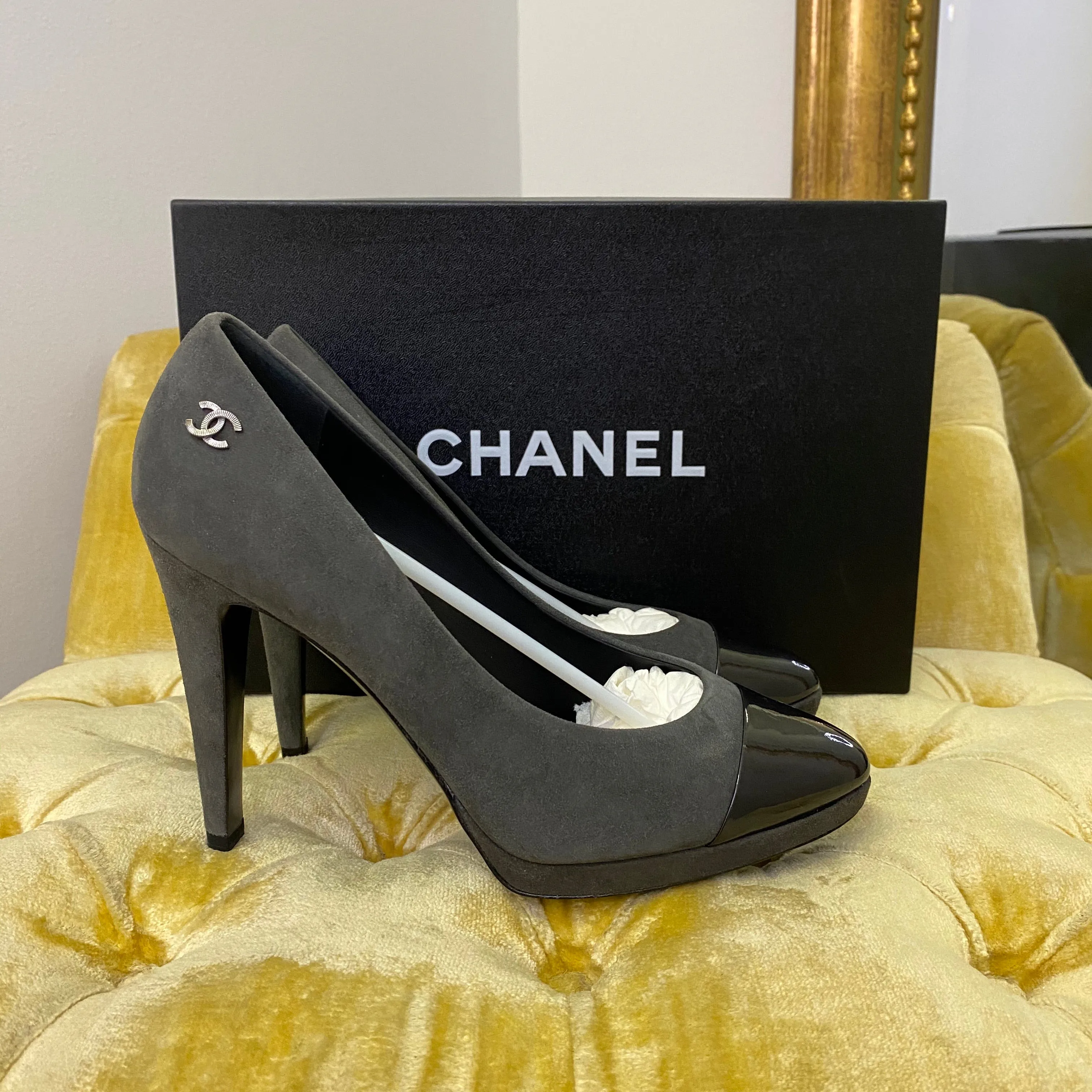 Chanel Grey Suede Platform Heels