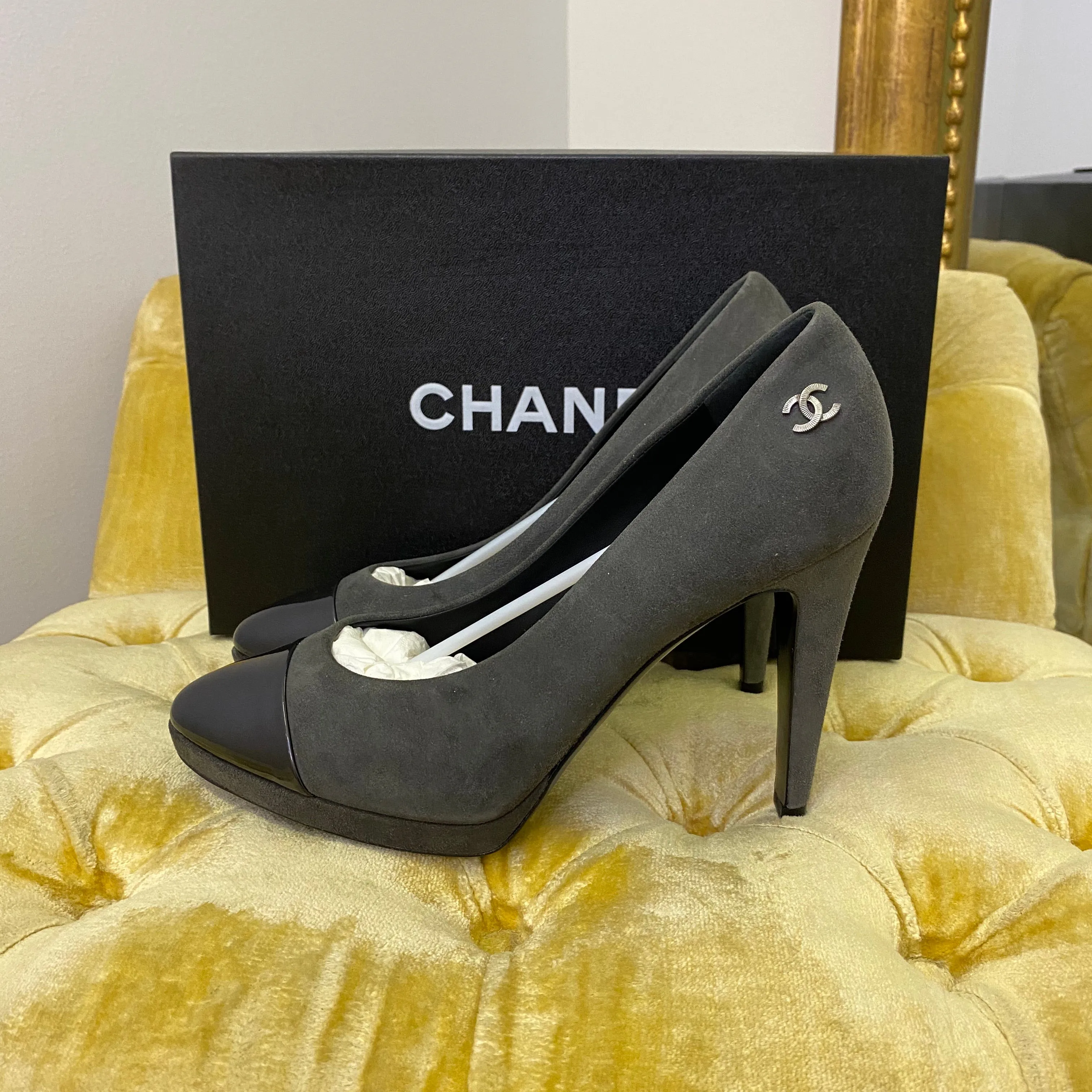 Chanel Grey Suede Platform Heels