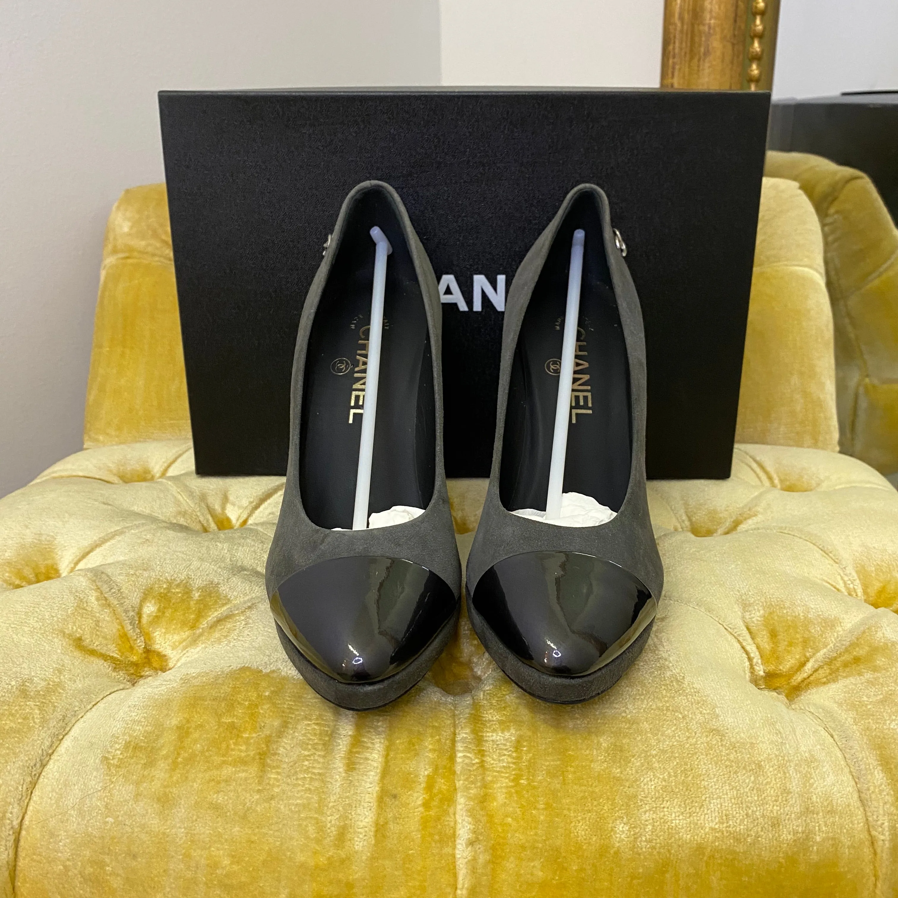 Chanel Grey Suede Platform Heels