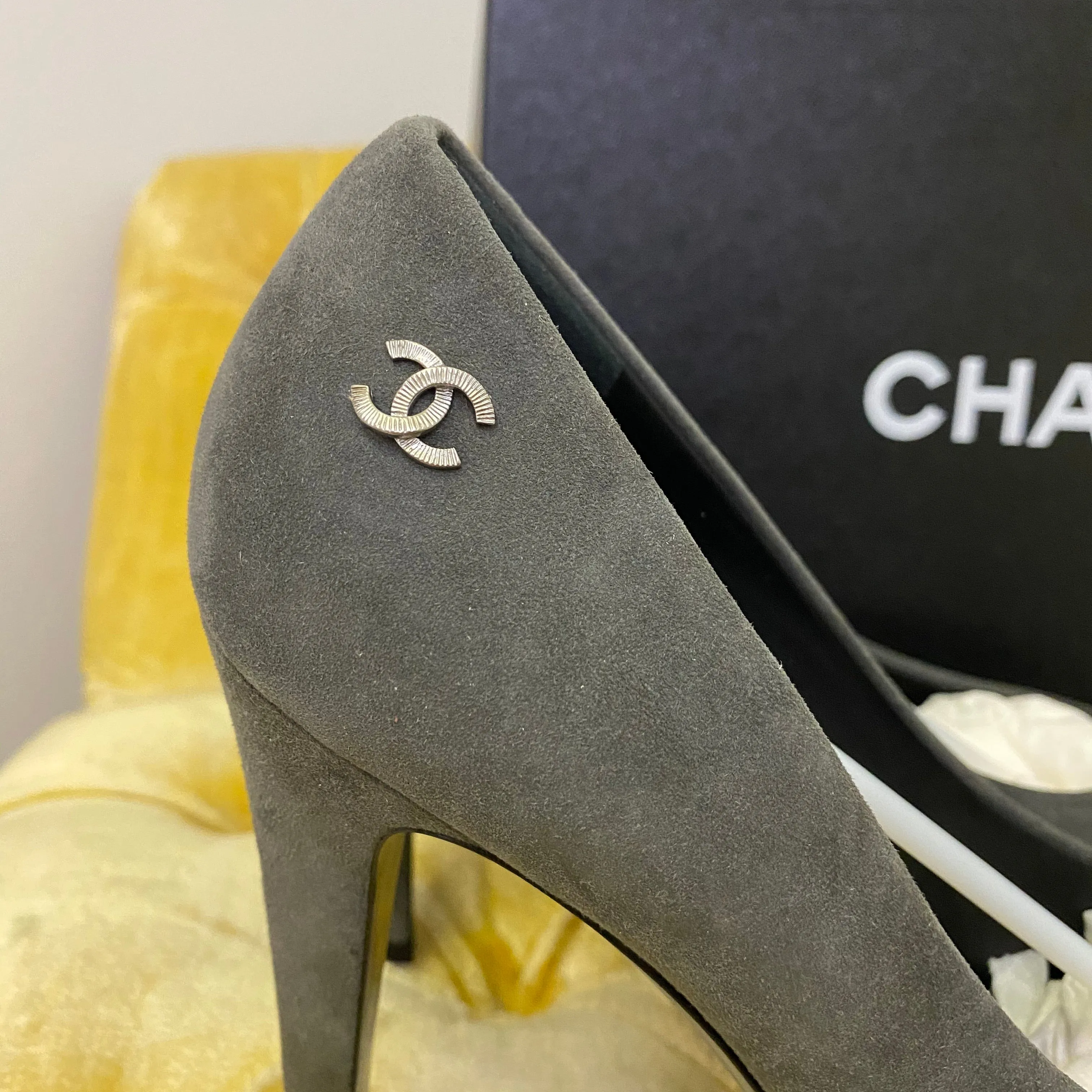 Chanel Grey Suede Platform Heels