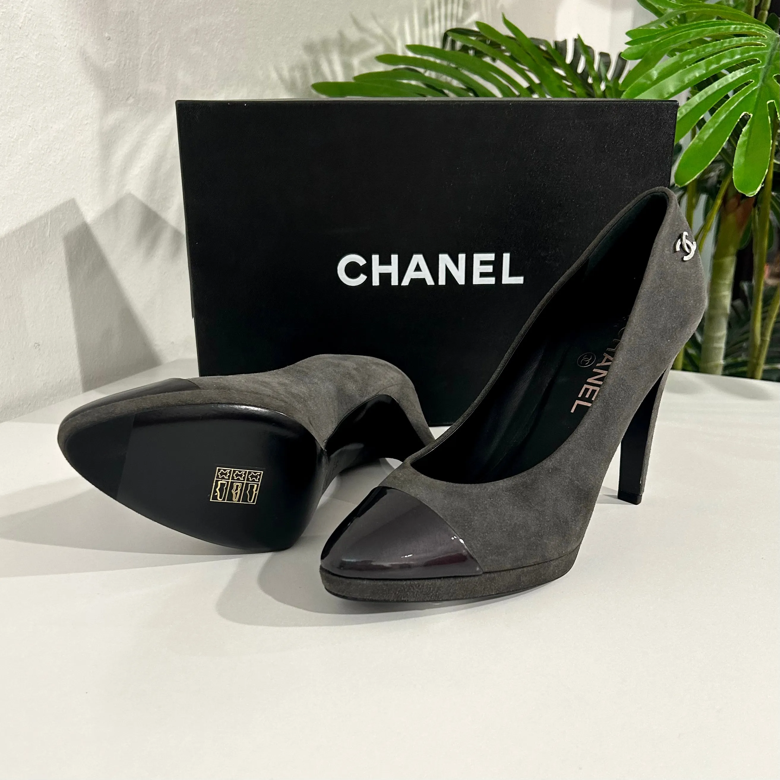 Chanel Grey Suede Platform Heels