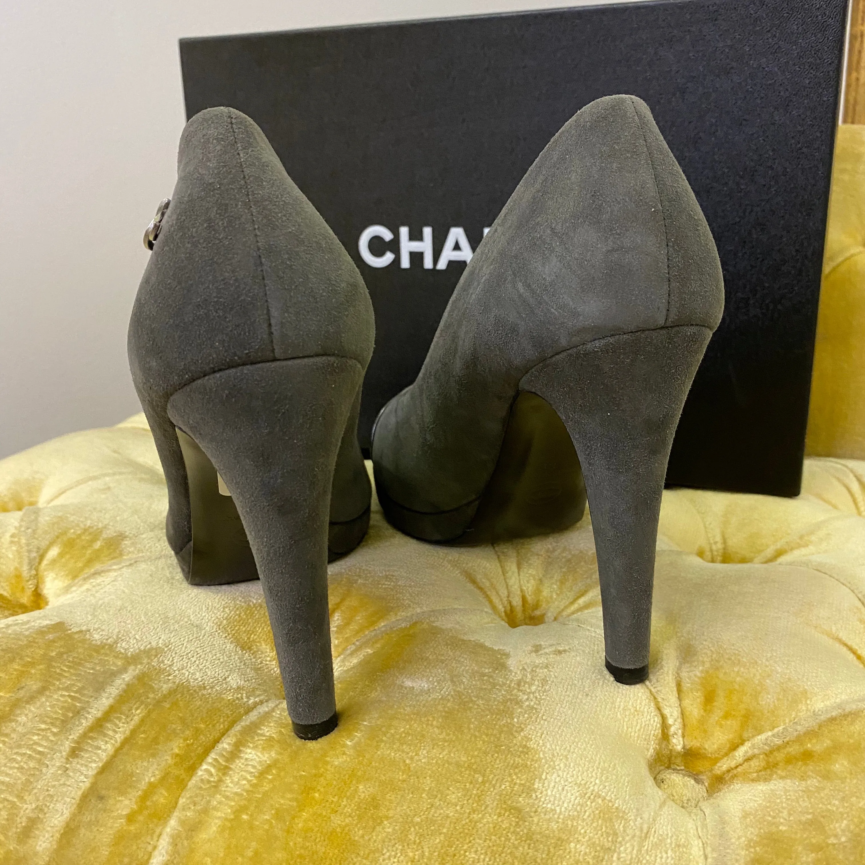 Chanel Grey Suede Platform Heels