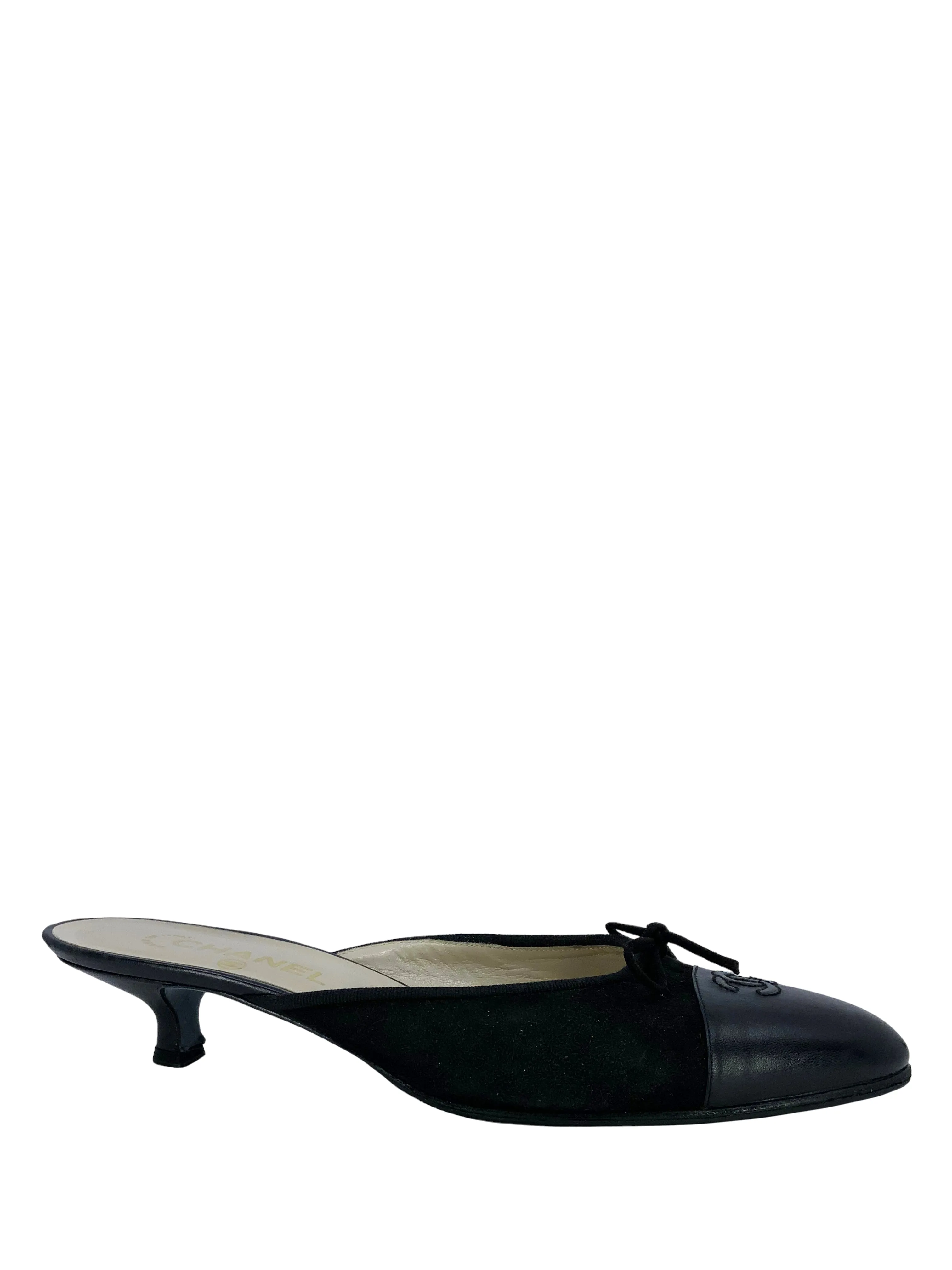 CL Suede and Leather CC Cap Toe Kitten Heel Mules Size 10.5
