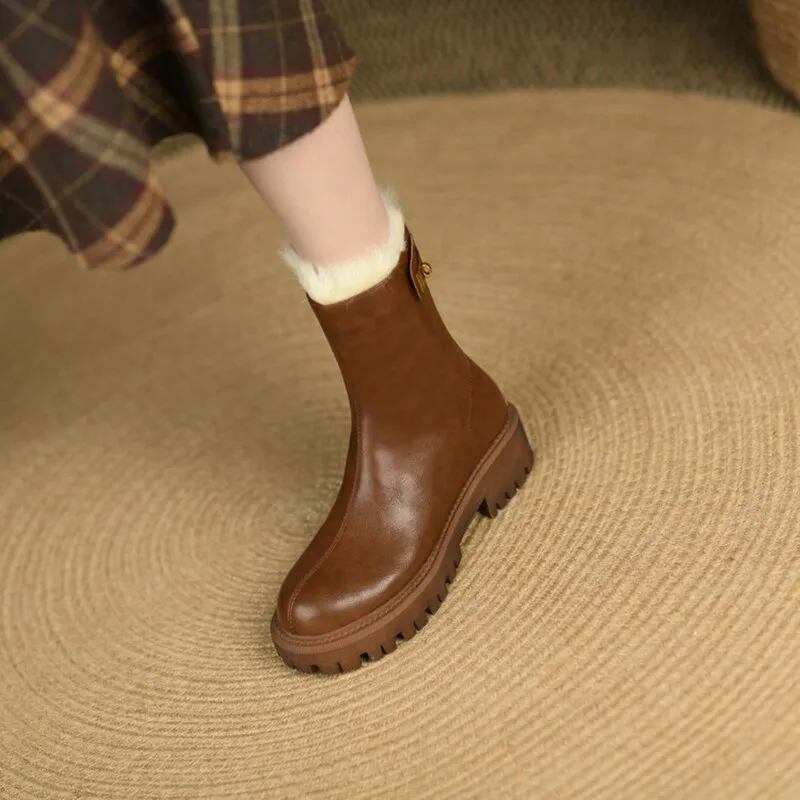 deanwangkt Autumn Boots    Winter Women Boots Round Toe Chunky Boots for Women Split leather Shoes Women Thick Heel Boots Wool Blend Warm Boots Snow Boots
