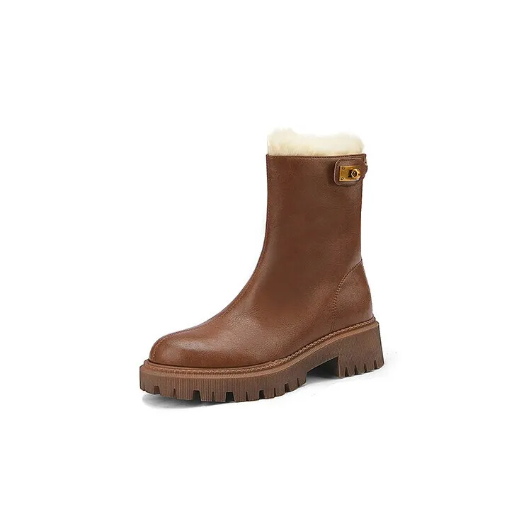 deanwangkt Autumn Boots    Winter Women Boots Round Toe Chunky Boots for Women Split leather Shoes Women Thick Heel Boots Wool Blend Warm Boots Snow Boots