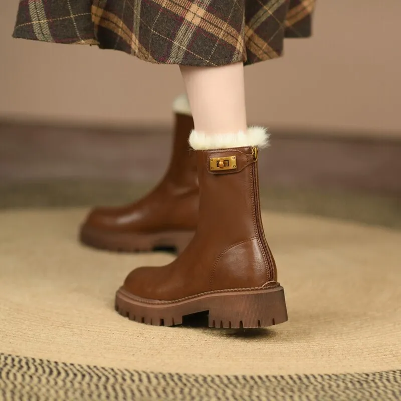 deanwangkt Autumn Boots    Winter Women Boots Round Toe Chunky Boots for Women Split leather Shoes Women Thick Heel Boots Wool Blend Warm Boots Snow Boots