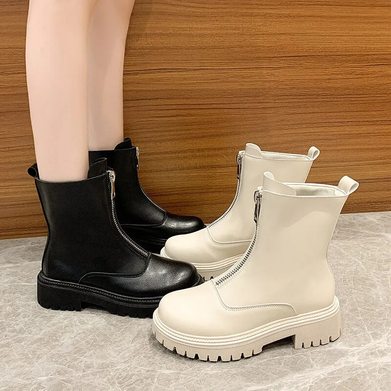 DEANWANGKT Christmas Gift New Front Zipper Chunky Platform Women's Boots Solid Black Beige Boots Women Round Toe High Heel Ankle Boots for Women Eu 35-40