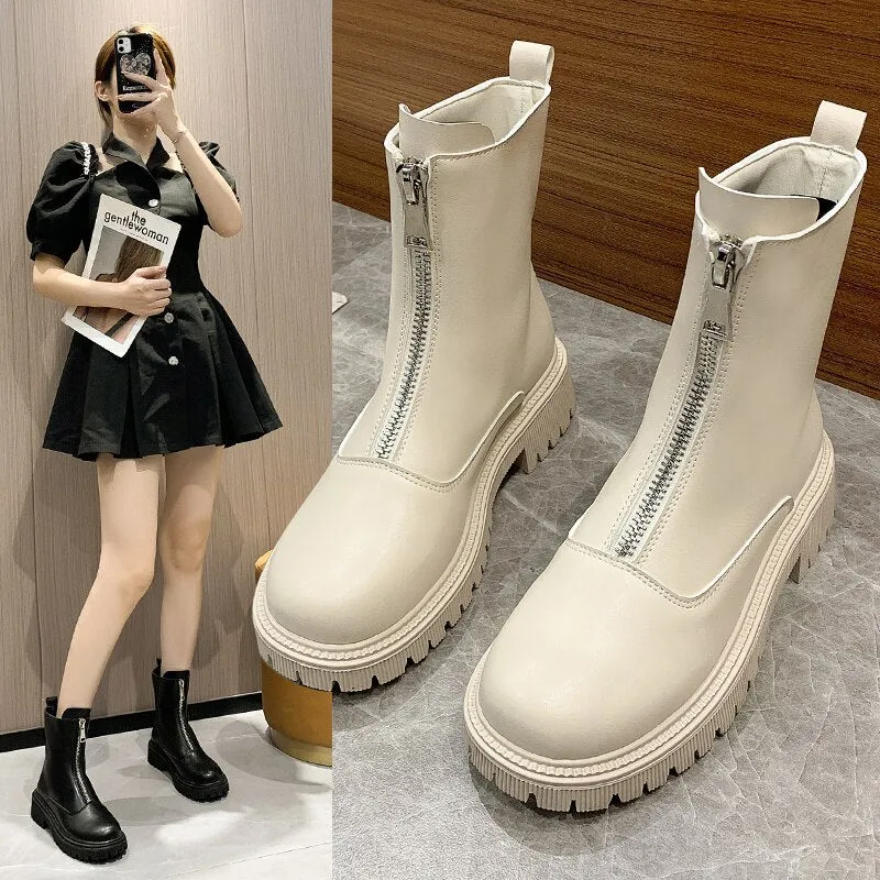 DEANWANGKT Christmas Gift New Front Zipper Chunky Platform Women's Boots Solid Black Beige Boots Women Round Toe High Heel Ankle Boots for Women Eu 35-40