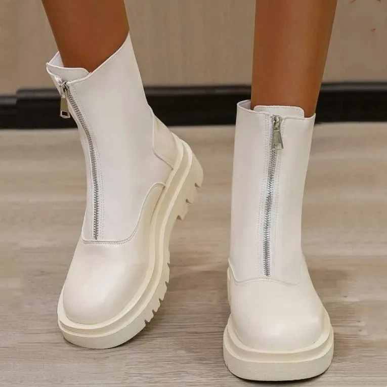 DEANWANGKT Christmas Gift New Front Zipper Chunky Platform Women's Boots Solid Black Beige Boots Women Round Toe High Heel Ankle Boots for Women Eu 35-40