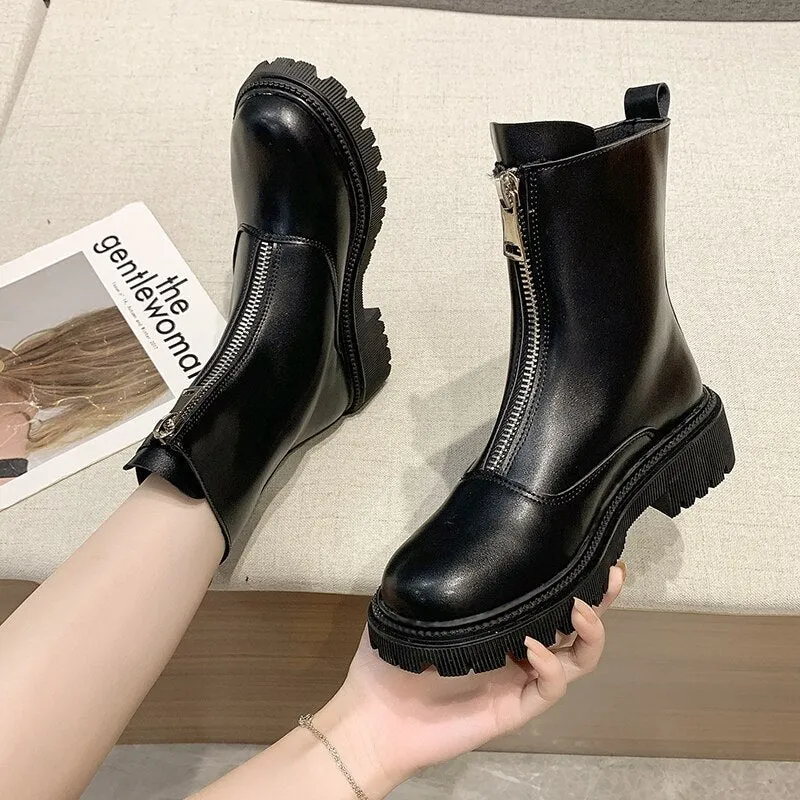 DEANWANGKT Christmas Gift New Front Zipper Chunky Platform Women's Boots Solid Black Beige Boots Women Round Toe High Heel Ankle Boots for Women Eu 35-40