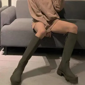 DEANWANGKT  New Round Toe Platform Women Knee High Boots Slip On Casual Chunky Heel Women Long Boots Luxury Brand Designer Winter Shoes